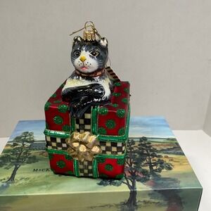 MacKenzie-Childs Tuxedo Cat in Gift Box Glass Christmas Ornament Poland Boxed